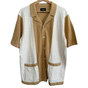 Abercrombie & Fitch Knit Polo Shirt Camp Coastal Resort Retro Tan White Large
